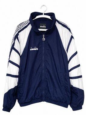 Vintage Diadora Track Jacket Windbreaker Navy White Full Zip Y2K Soccer Size Lrg